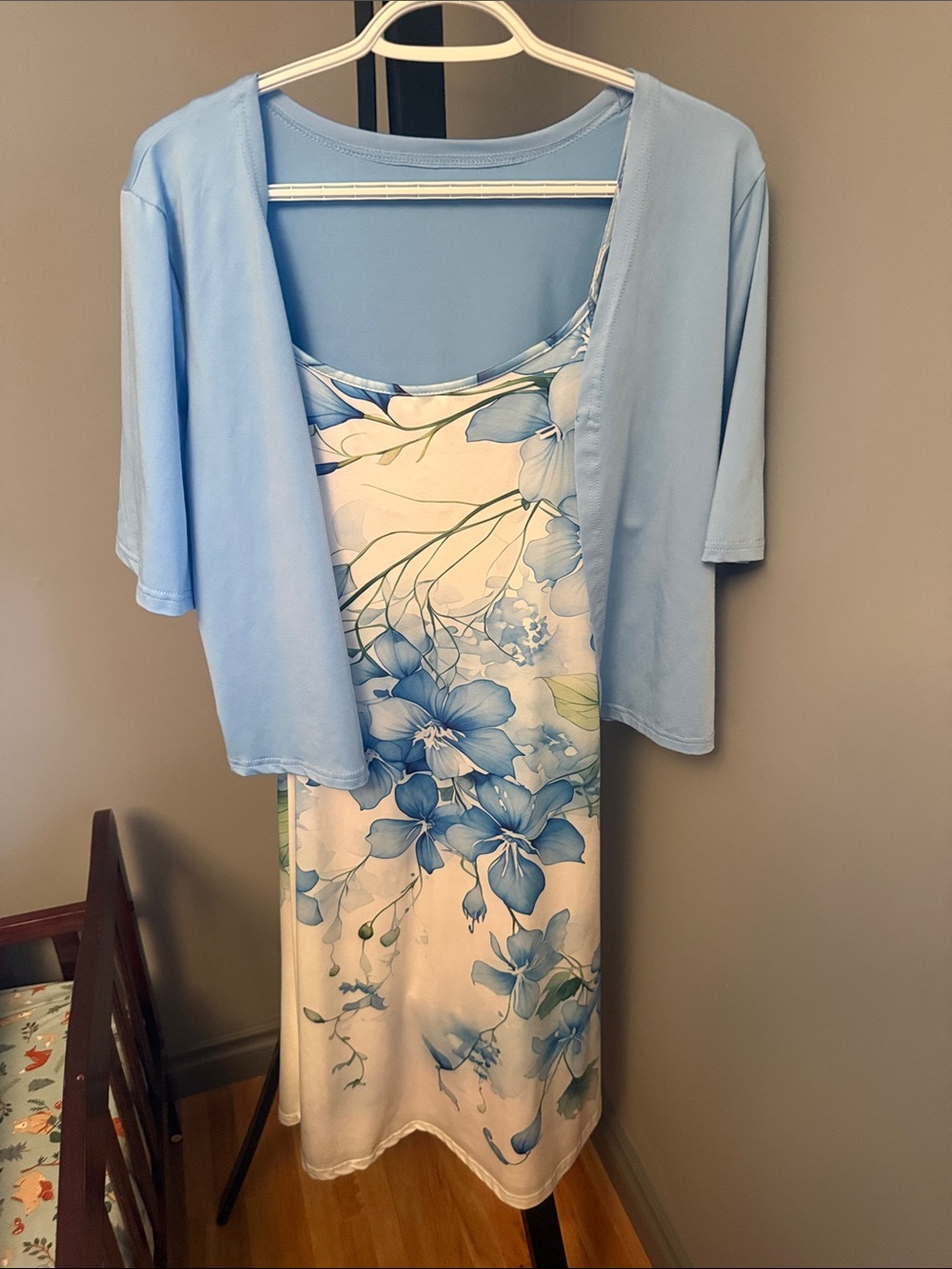 2 piece set Blue Floral Slip Midi Dress with short sleeve jacket